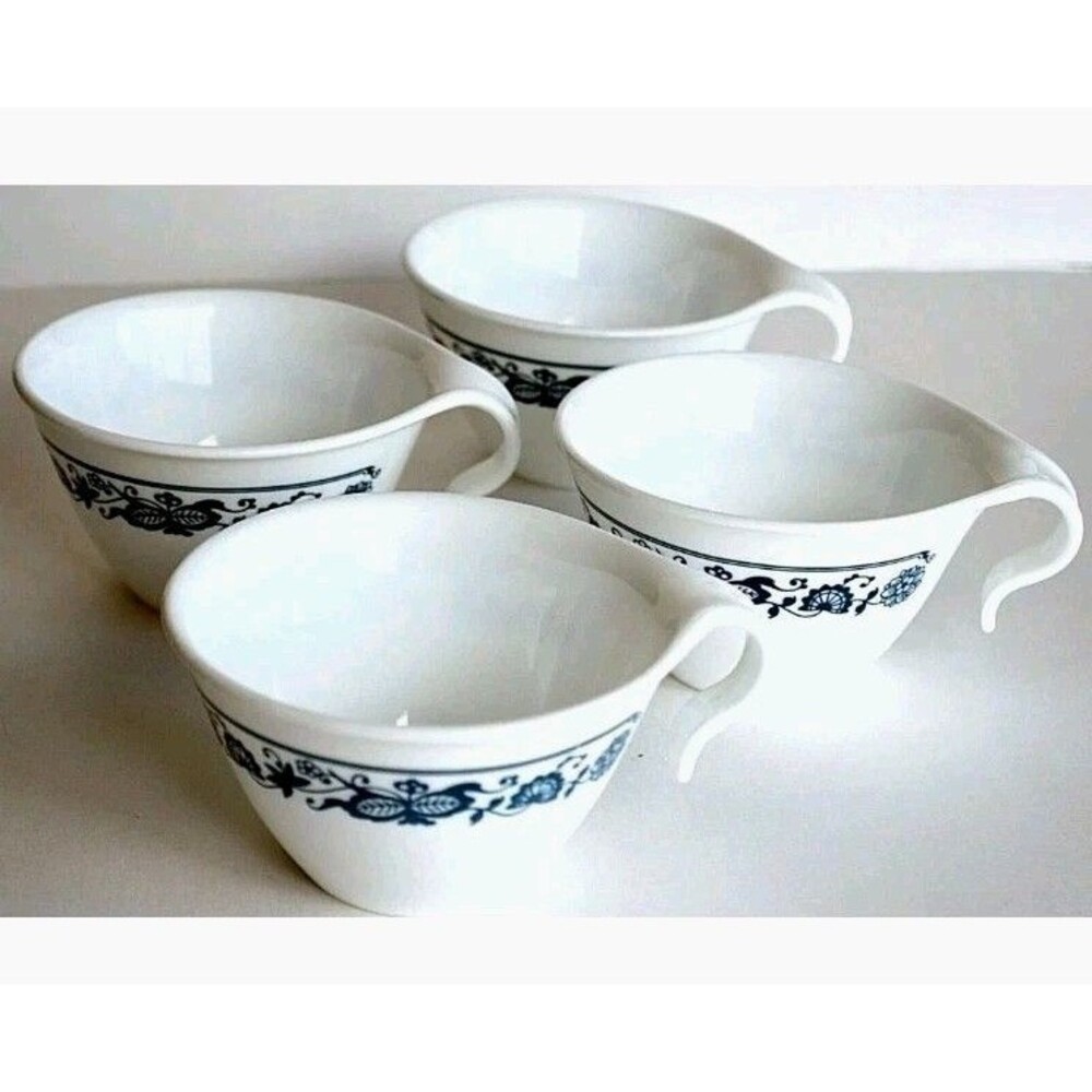 Corelle Corning Teacup Old Town Blue W_ Floral Design White Background 4pc Set